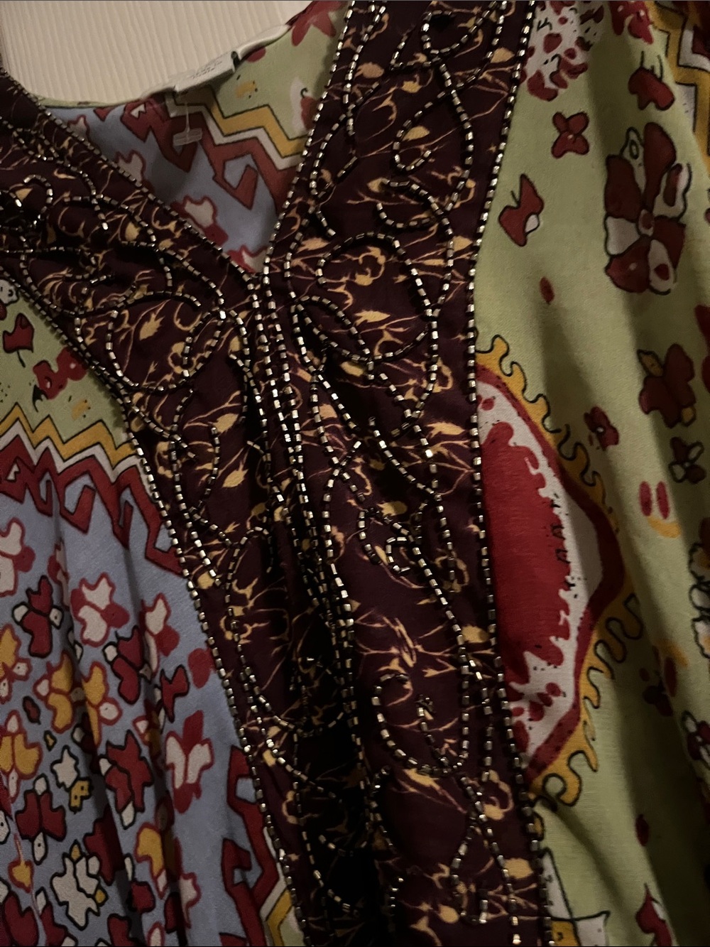 Bohemian Printed V-Neck Peasant Top in Yellow & Purple - Picture 4 of 5